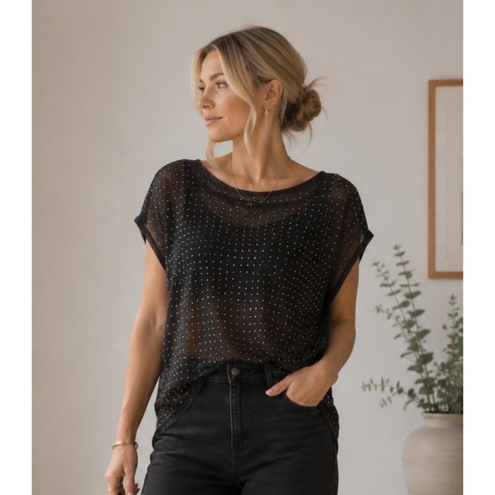 Forever 21 Black sheer with black‎ doots  accents top club  party trendy dark